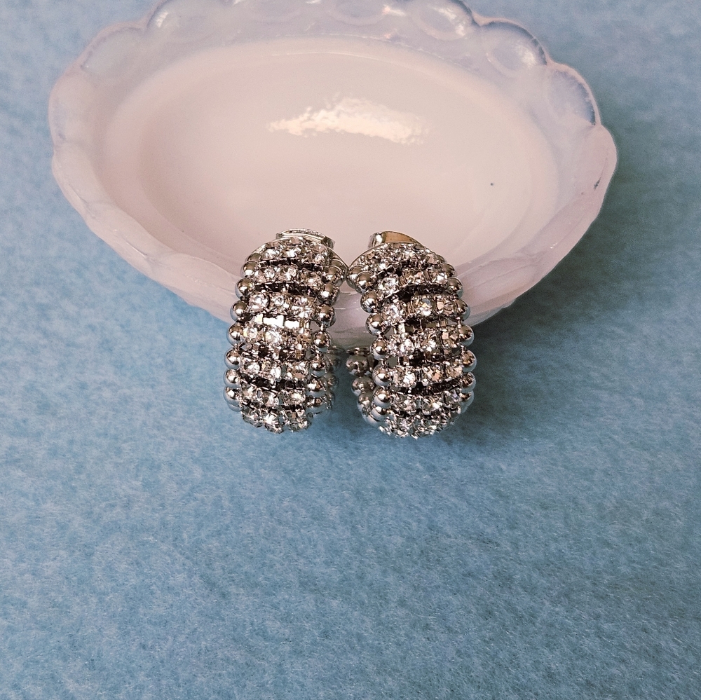 Chunky Modern Stainless Steel Pave Crystal Open Hoops Post Back Approx .75"D
